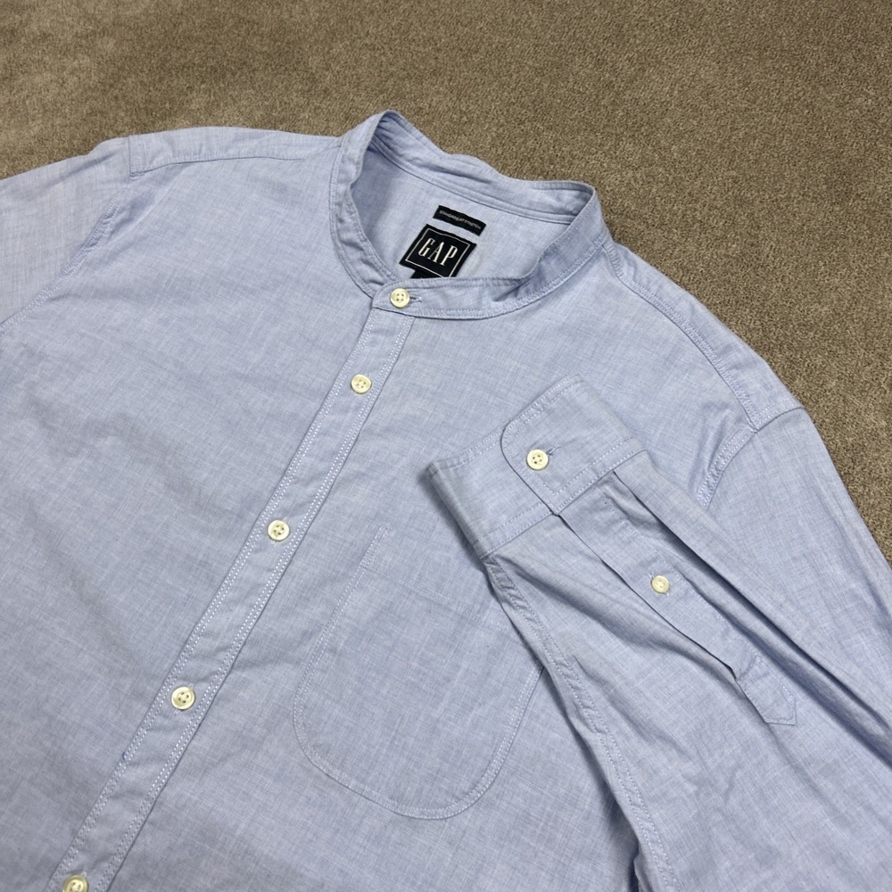 Gap Mens Large Standard Fit Stretch Blue Button Up Band Blade Collar Shirt